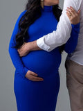 Momnfancy Sapphire Blue Elegant Bodycon Ruffle Collar Babyshower Maternity Photoshoot Maxi Dress