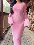 Momnfancy Pink Elegant Bodycon Feather Fluffy Off Shoulder Daily Maternity Babyshower Maxi Dress