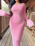 Momnfancy Pink Elegant Bodycon Feather Fluffy Off Shoulder Daily Maternity Babyshower Maxi Dress