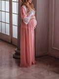 Momnfancy Elegant Pink Lace Chiffon Transparent Flowy Open Belly Maternity Photoshoot Maxi Dress