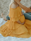 Momnfancy Elegant Yellow Pleated Layers Of Falbala Flowy Off Shoulder Maternity Photoshoot Maxi Dress