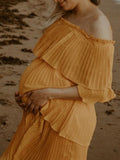 Momnfancy Elegant Yellow Pleated Layers Of Falbala Flowy Off Shoulder Maternity Photoshoot Maxi Dress