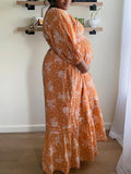 Momnfancy Elegant Orange Floral Ruffle Falbala Big Swing Flowy Vacation Maternity Babyshower Maxi Dress