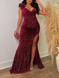 Momnfancy Elegant Sequin Sparkly Side Slit Falbala Floor Mopping Maternity Evening Maxi Dress