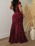 Momnfancy Elegant Sequin Sparkly Side Slit Falbala Floor Mopping Maternity Evening Maxi Dress