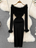 Momnfancy Elegant Black Feather Fluffy Off Shoulder Bodycon Evening Maternity Babyshower Maxi Dress