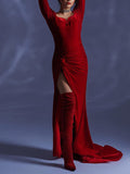 Momnfancy Elegant Red Velvet Bodycon Ruffle Side Slit Floor Mopping Maternity Occasion Maxi Dress