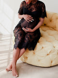 Momnfancy Black Lace Sheer Round Neck Short Sleeve Elegant Photoshoot Gown Maternity Midi Dress