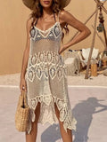 Momnfancy Beige Boho Lace Cut Out Irregular Swallowtail Chic Beach Photoshoot Baby Shower Maternity Midi Dress