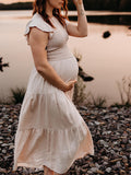 Momnfancy Pink Smocked Ruffle Flowy Boho Elegant Photoshoot Baby Shower Maternity Maxi Dress