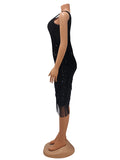 Momnfancy Black One Shoulder Sequin Tassel Irregular Club Fashion Bodycon Baby Shower Maternity Midi Dress