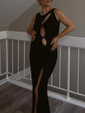 Momnfancy Black Backless Cut Out Halter Neck Side Slit Party Going Out Maternity Photoshoot Midi Dress