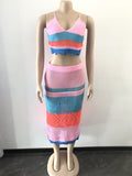 Momnfancy Spaghetti Strap Cut Out Knitwear Rainbow 2 Piece Beach Babyshower Maternity Midi Dress