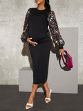 Momnfancy Elegant Black Sequin Sparkly Hit Color Patchwork Bodycon Party Maternity Midi Dress