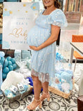 Momnfancy Light Blue Floral Ruffle Grenadine Double-deck Puff Sleeve Elegant Party Maternity Baby Shower Midi Dress