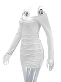 Momnfancy White Off Shoulder Ruched Cross Chest Long Sleeve Fashion Bodycon Photoshoot Baby Shower Maternity Mini Dress