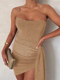 Momnfancy Fishbone Ruched Ruffle Tube Elegant Bodycon Evening Gown Baby Shower Maternity Mini Dress