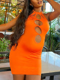 Momnfancy Orange Irregular Cut Out Bodycon Backless Cami Lace-up Halter Neck Fashion Chic Baby Shower Maternity Mini Dress