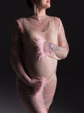 Momnfancy Pink Mesh Fishnet Sheer Feather Cover Up Club Photoshoot Maternity Mini Dress