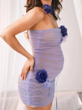 Momnfancy Violet Bandeau Ruffle Off Shoulder Mesh 3D Flower Bodycon Party Going Out Baby Shower Maternity Mini Dress