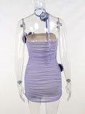 Momnfancy Violet Bandeau Ruffle Off Shoulder Mesh 3D Flower Bodycon Party Going Out Baby Shower Maternity Mini Dress