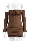 Momnfancy Brown Off Shoulder Ruched Tie Slit Flare Sleeve Bodycon Fashion Bodyocn Party Baby Shower Maternity Mini Dress