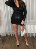 Momnfancy Elegant Black Sequin Sparkly Ruffle Irregular Bodycon Maternity Cocktail Mini Dress