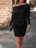 Momnfancy Elegant Sequin Sparkly Grenadine Off Shoulder Bodycon Party Maternity Mini Dress