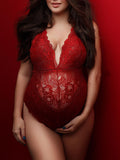 Momnfancy Elegant Wine Red Lace Transparent Cross Back Bodycon Pregnancy Photoshoot Bodysuit Maternity Jumpsuit