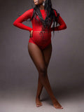 Momnfancy Chic Red Distressed Hollow Transparent Backless Bodycon Pregnancy Photoshoot Bodysuit Maternity Mini Jumpsuit