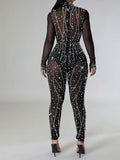 Momnfancy Chic Black Rhinestones Sparkly Pearl Grenadine Transparent Bodycon Party Photoshoot Maternity Jumpsuit