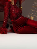 Momnfancy Elegant Wine Red Sequin Sparkly Fluffy Feather Velvet Belt Cocktail Photoshoot Maternity Jumpsuit