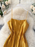 Momnfancy Golden Spaghetti Strap Pleated Ribbed Beach Photoshoot Maternity Maxi Dress