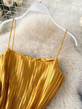 Momnfancy Golden Spaghetti Strap Pleated Ribbed Beach Photoshoot Maternity Maxi Dress