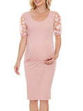 Momnfancy Flowers Mesh Puffy Sleeve Bodycon Side Ruched Baby Shower Stretchy Maternity Dress