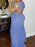 Momnfancy Light Blue Cut Out Backless Tie Back Jasmine Ruffle Baby Shower Maternity Dress