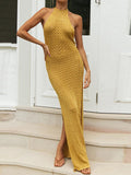 Momnfancy Yellow Knitting Cut Out Backless Slit Halter Neck Baby Shower Prom Maternity Maxi Dress