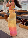 Momnfancy Grenadine Mesh Stripe Print Sleeveless Backless Tie Up See Through Photoshoot Flowy Beach Maternity Dress