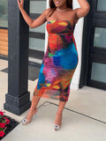 Momnfancy Sundress Colorful Tie Dye Print Off Shoulder Bodycon Maternity Midi Dress