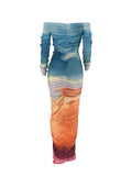 Momnfancy Tie Dye Off Shoulder Shirred Ruched Slash Neck Gradient Color Photoshoot Maternity Maxi Dress