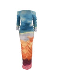 Momnfancy Tie Dye Off Shoulder Shirred Ruched Slash Neck Gradient Color Photoshoot Maternity Maxi Dress