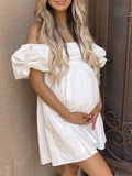 Momnfancy White Backless Square Neck Puff Sleeve Baby Shower Party Maternity Mini Dress