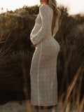 Momnfancy White Knitting Backless Tie Back Deep V-neck Photoshoot Maternity Maxi Dress