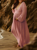 Momnfancy Slit Deep V-neck Lantern Sleeve Elegant Photoshoot Maternity Maxi Dress