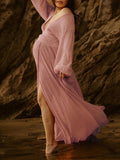 Momnfancy Slit Deep V-neck Lantern Sleeve Elegant Photoshoot Maternity Maxi Dress