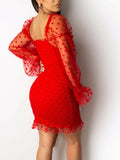 Momnfancy Polka Dot Grenadine Sheer Puff Sleeve Bodycon Elegant Baby Shower Maternity Mini Dress