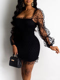 Momnfancy Polka Dot Grenadine Sheer Puff Sleeve Bodycon Elegant Baby Shower Maternity Mini Dress