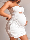 Momnfancy White Cut Out One Shoulder Ruched Bodycon Baby Shower Maternity Mini Dress