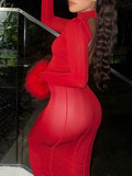 Momnfancy Red Feather Backless Band Collar Baby Shower Bodycon Maternity Maxi Dress