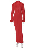 Momnfancy Red Feather Backless Band Collar Baby Shower Bodycon Maternity Maxi Dress